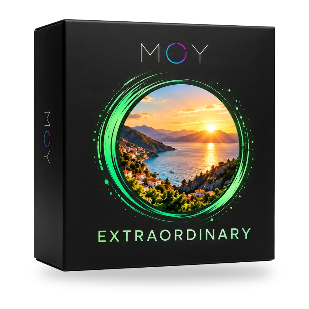 The black MOY EXTRAORDINARY box with green-ringed coastal sunrise artwork.