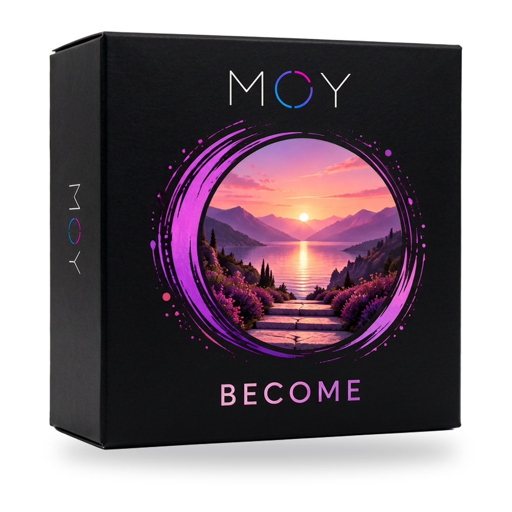 The black MOY BECOME box with violet-ringed lake sunset artwork.
