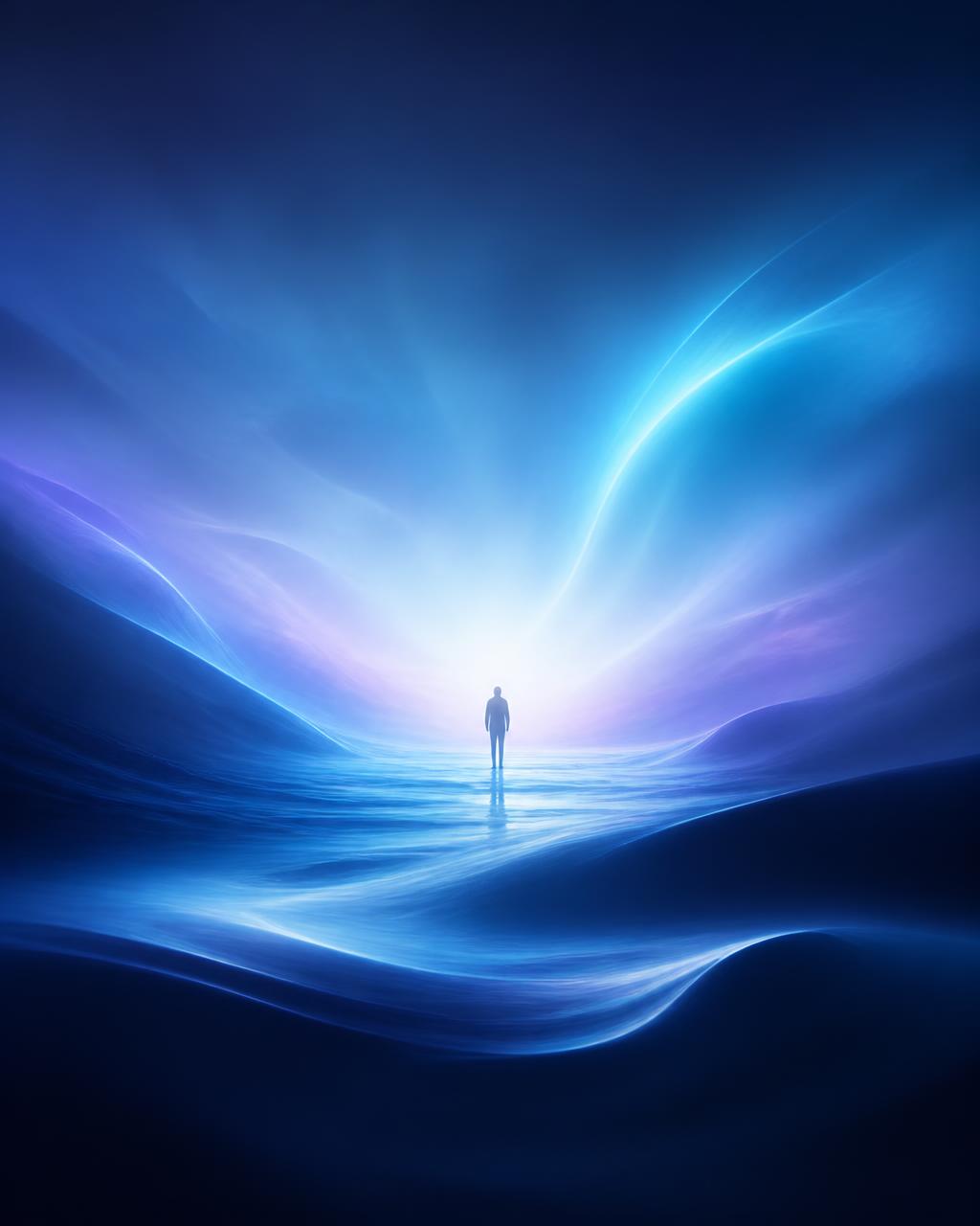 A figure walking toward light on a calm horizon